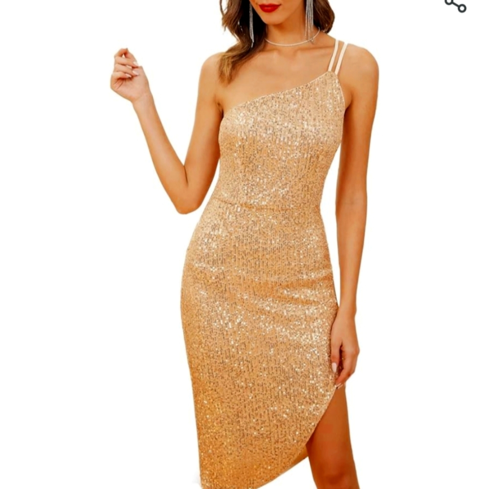 Brand New w/tags One Shoulder Rose gold Sequin Dress SZ M